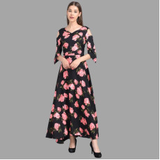 Womens Crepe Floral Drop Waist Dress Black